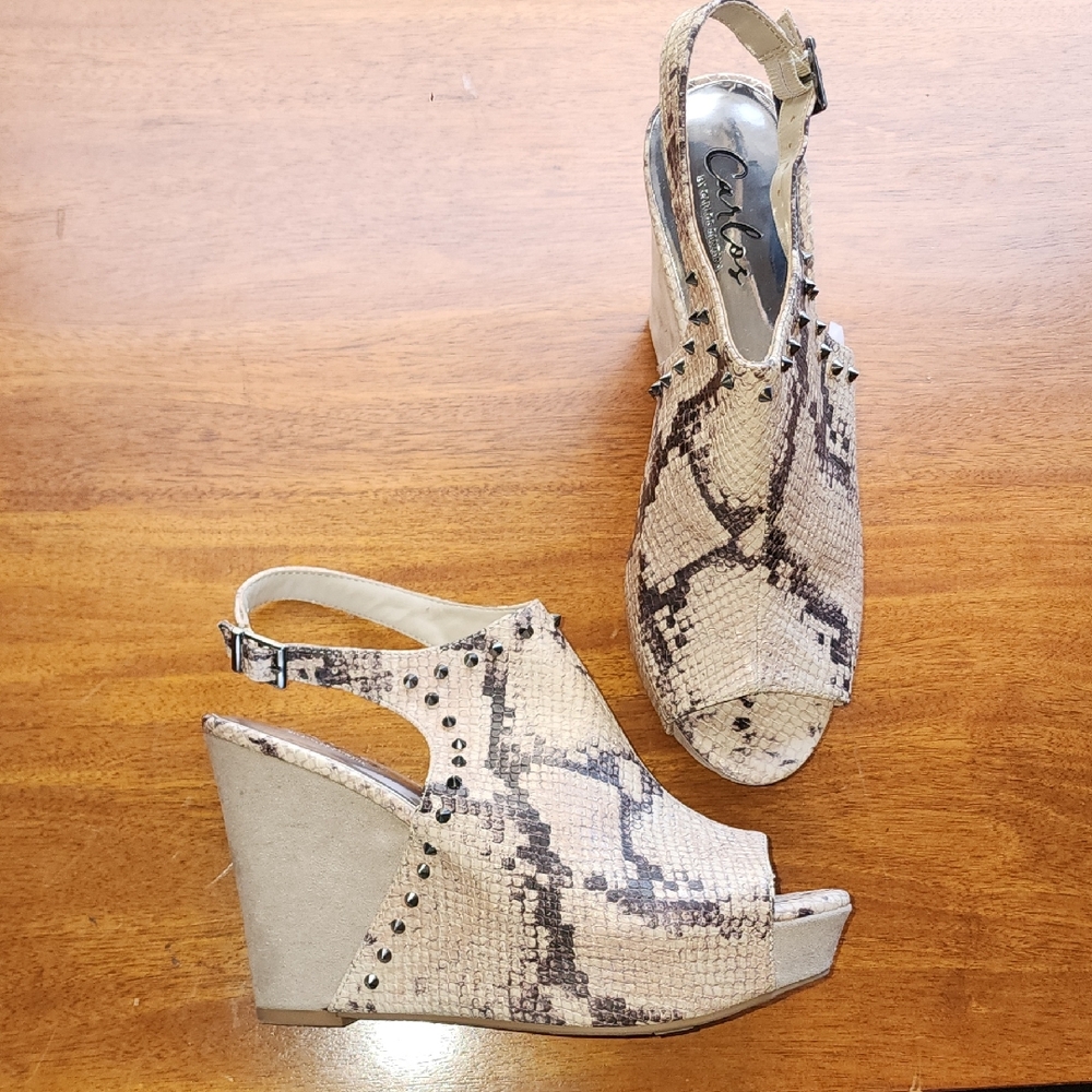 Carlos by Carlos Santana Tan and Brown Snake Print Wedges